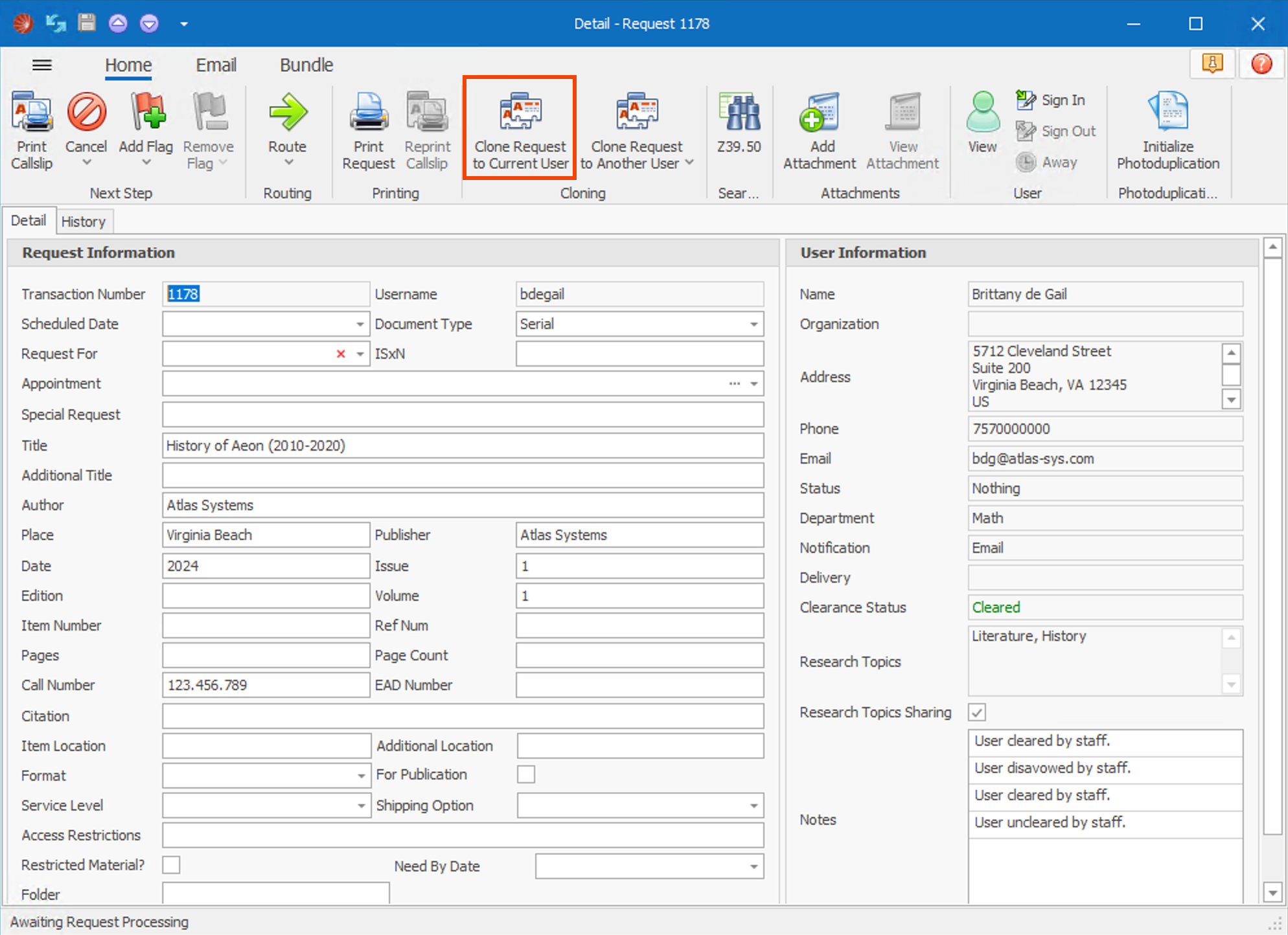 Clone Request to Current User from request form